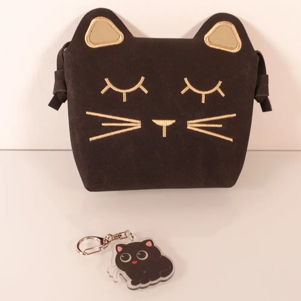 Cute Black Cat Crossbody Bag Little Girls Purse Black Gold with Cat Keychain